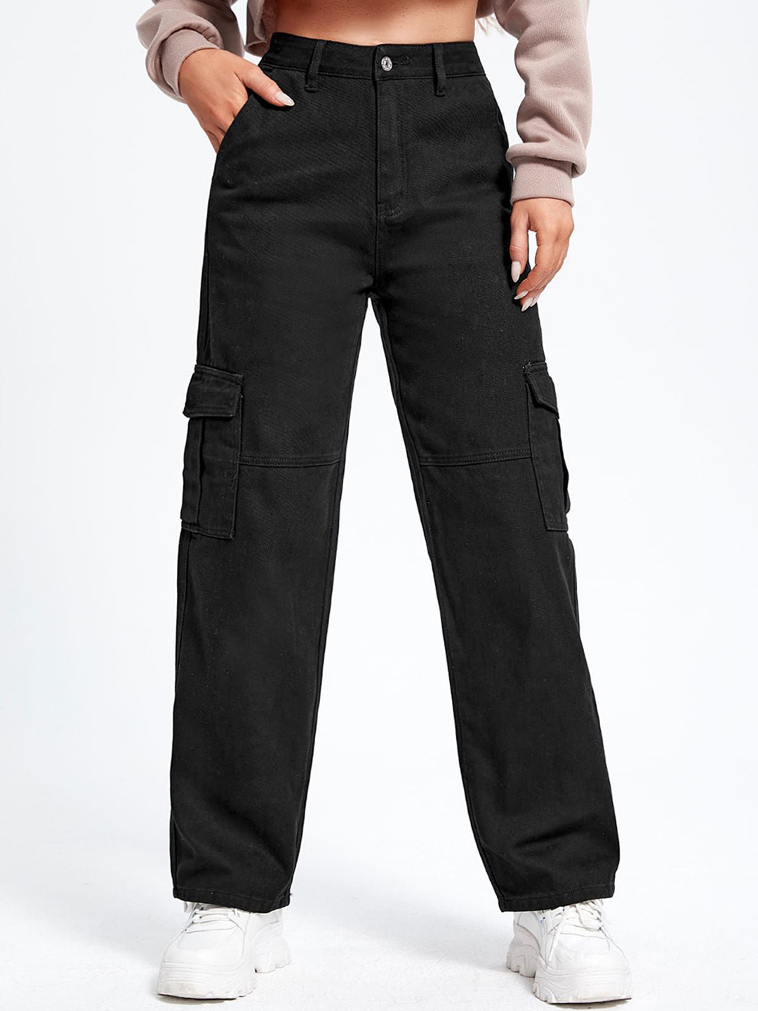 Outzidr Women Straight Fit High-Rise Flap Pocket Cargo Jeans