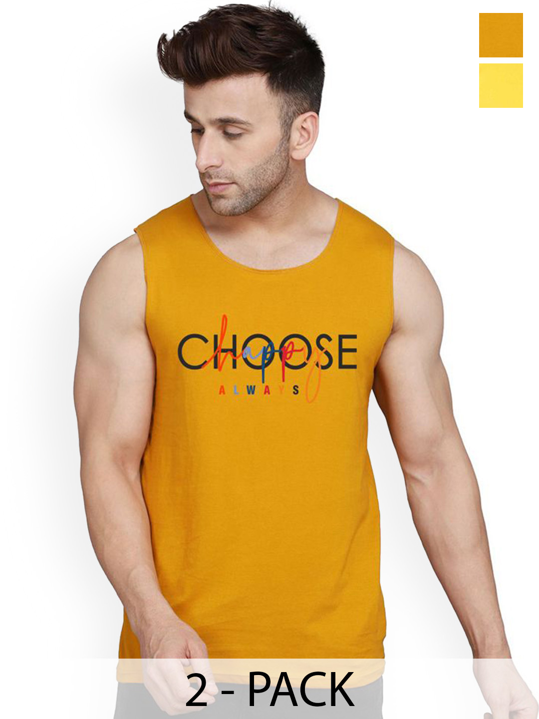 SLOWLORIS Pack Of 2 Printed Round Neck Gym Vests VSL26 CMB(CHS MUSTARD)(GYM YELLOW)