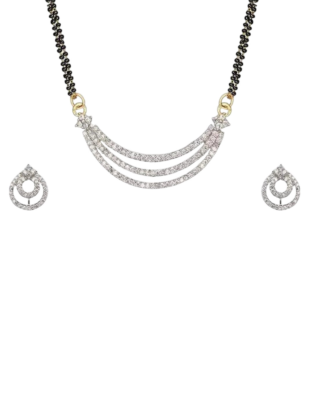 Cristal Craft Silver-Plated Artificial Stones Studded And Beaded Mangalsutra With Earrings
