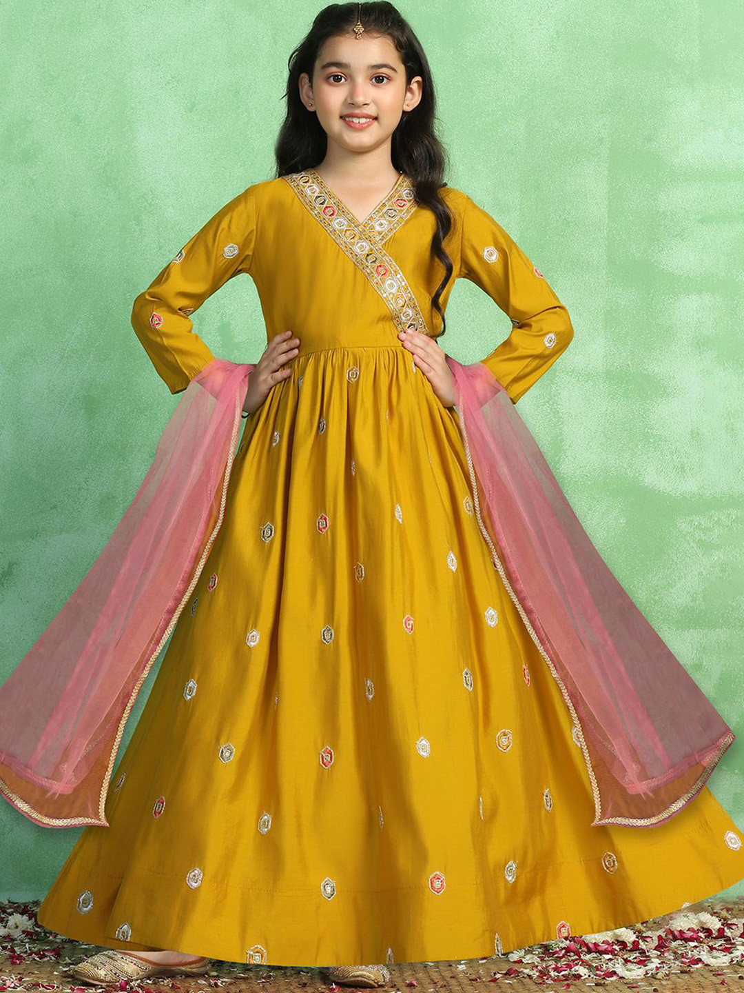 Sangria Girls Embroidered Maxi Length Dress with Dupatta