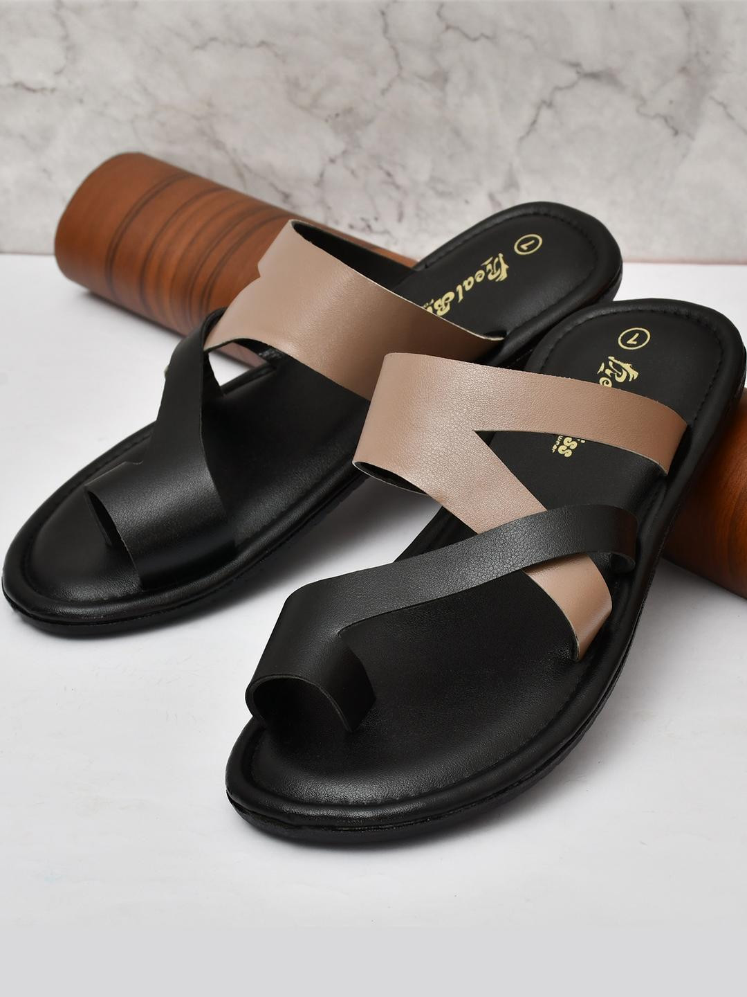 REAL BLISS FOOTWEAR Men Cream Synthetic Leather Comfort Sandals