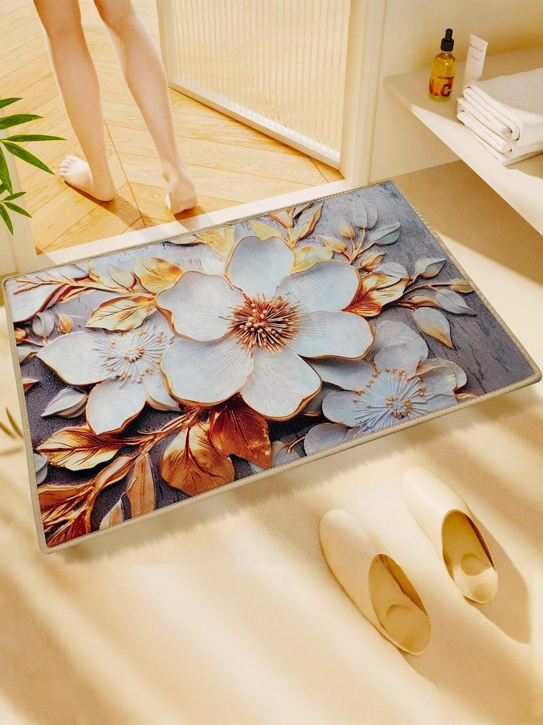 Elanza Pack Of 1 Orange & Grey Floral Printed Anti-Skid Microfiber Bath Rugs