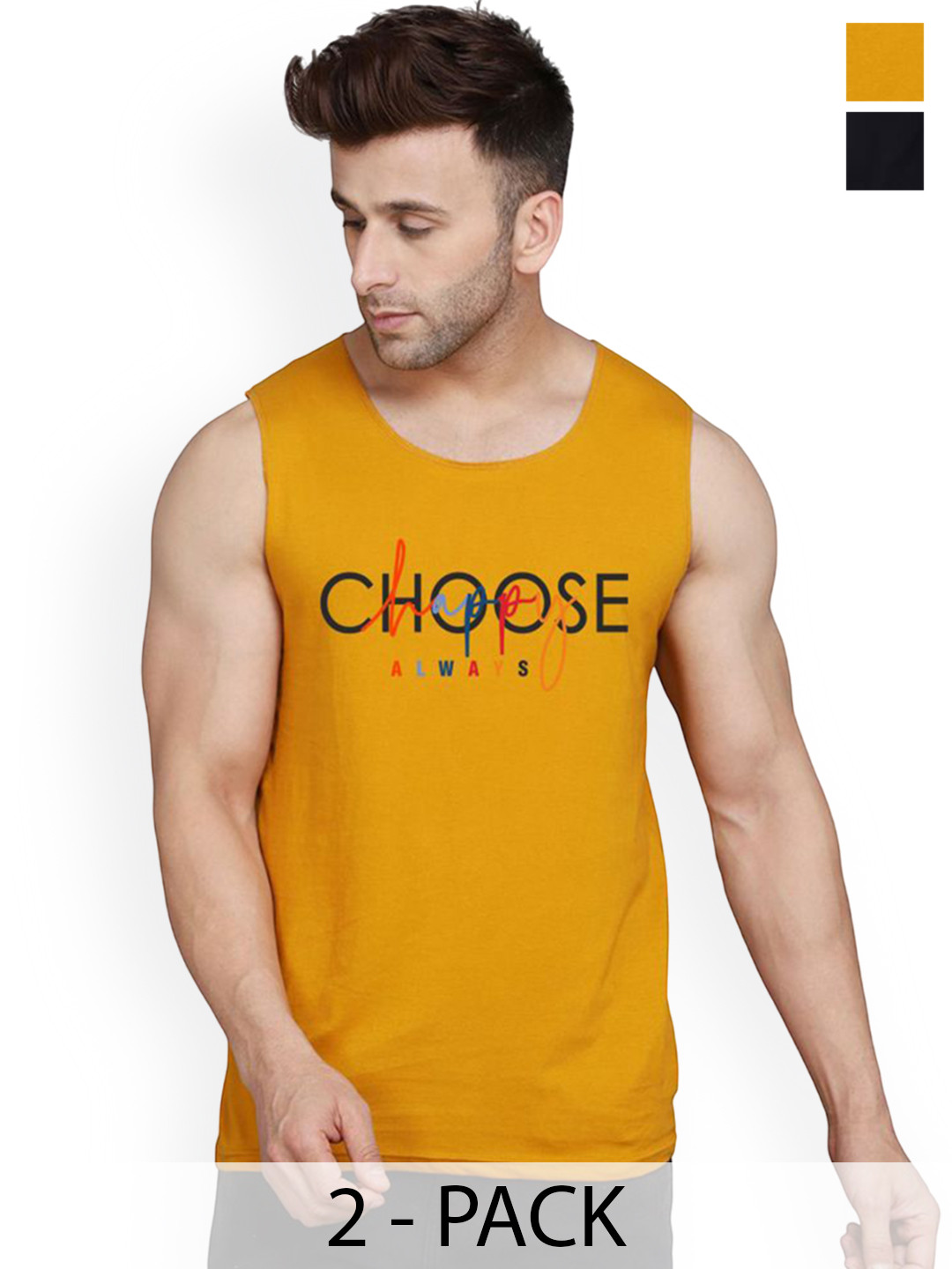 SLOWLORIS Pack Of 2 Printed Round Neck Gym Vests VSL26 CMB(CHS MUSTARD)(PLAIN BLACK)