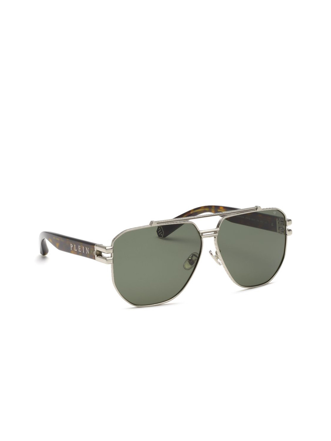 PHILIPP PLEIN Men Green Lens & Silver-Toned Aviator Sunglasses with