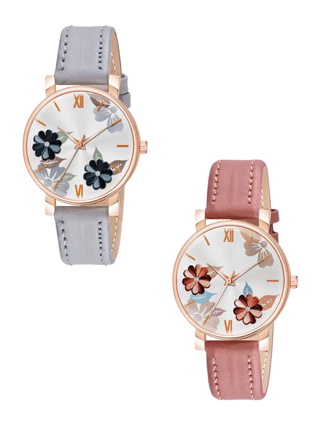 THE SHOPOHOLIC Women Pack of 2 Printed Dial & Leather Straps Analogue Watch K-G-P