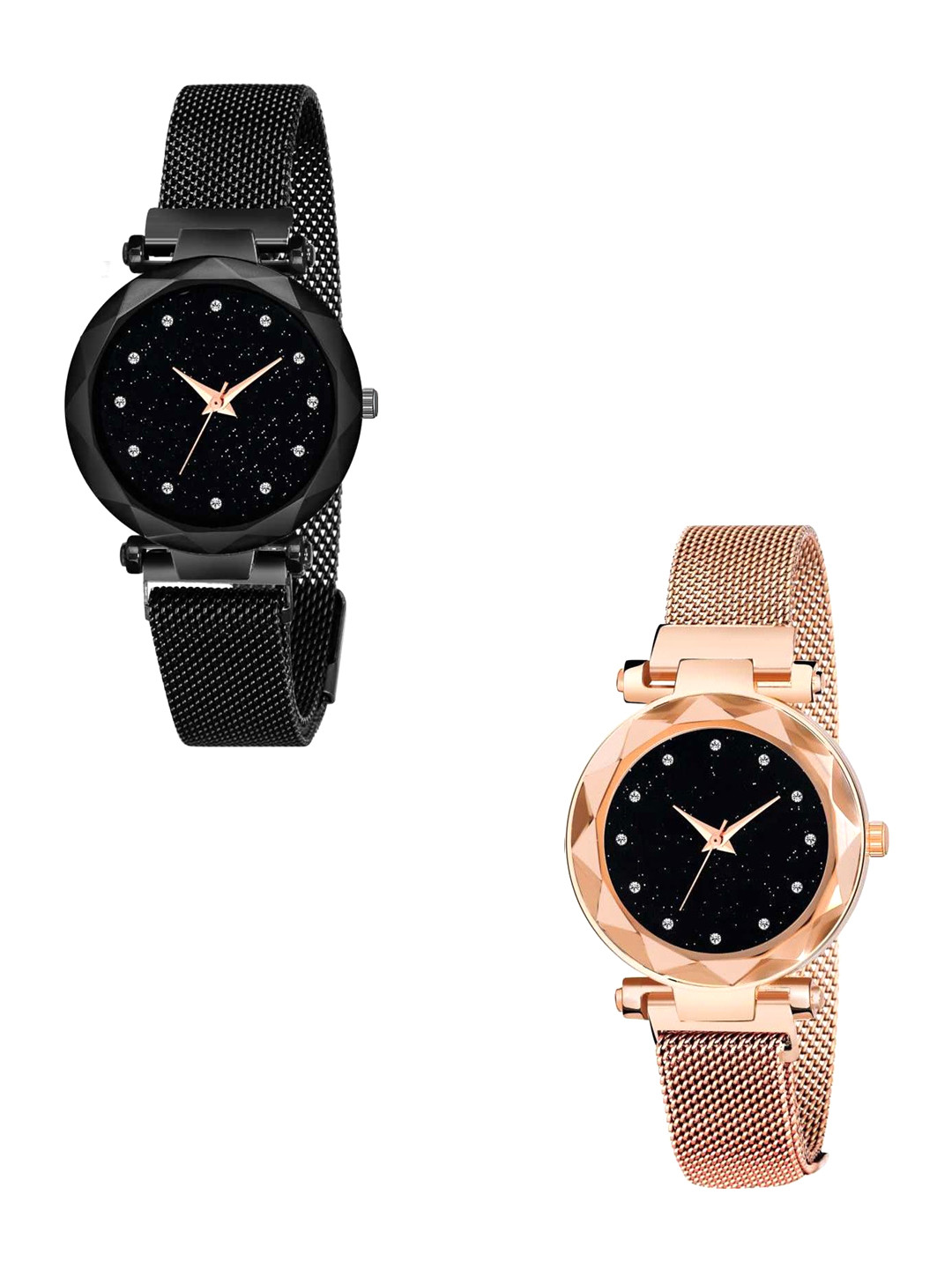 THE SHOPOHOLIC Women Pack Of 2 Bracelet Style Straps Analogue Watch Black-Coper