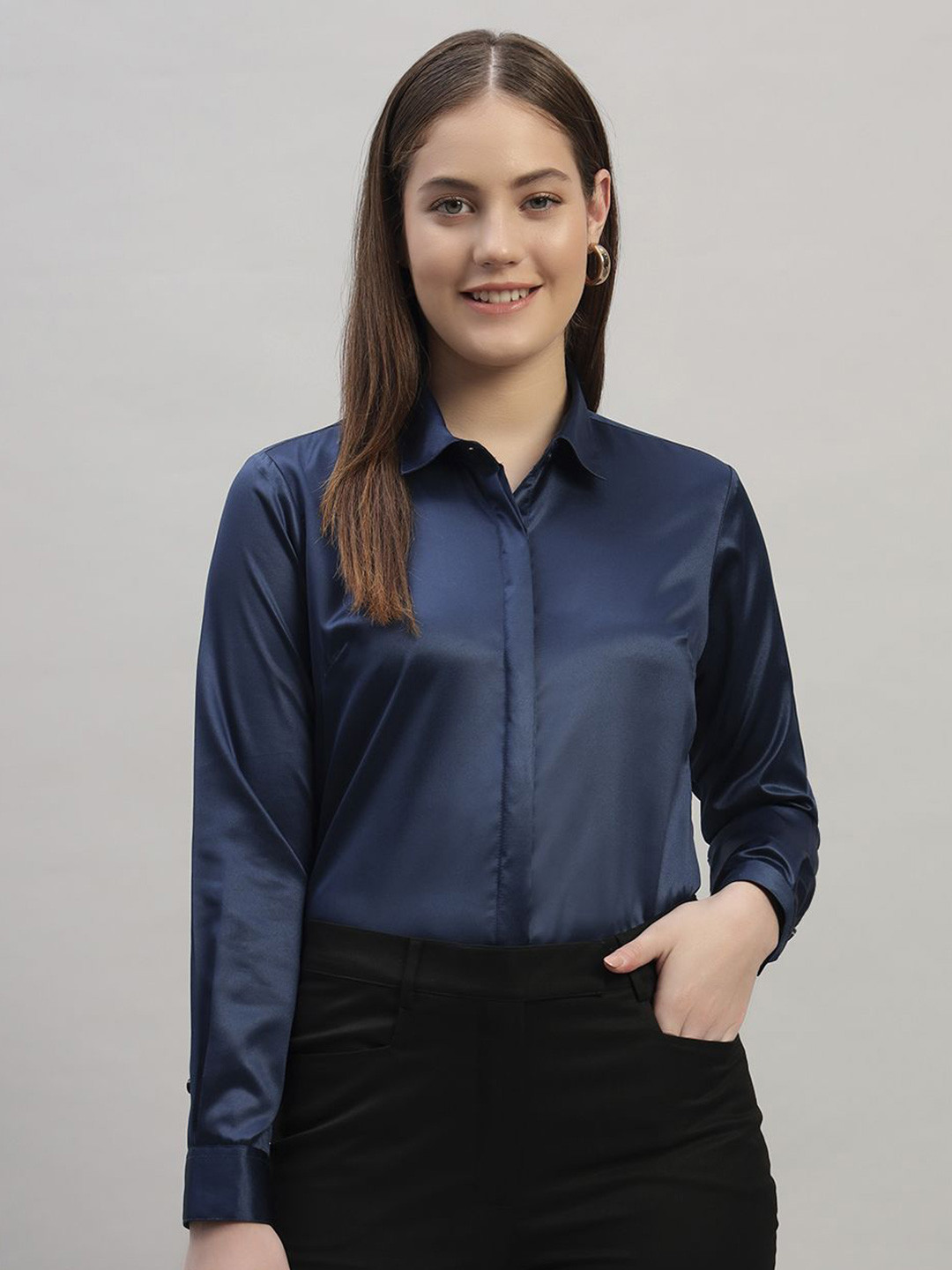 SWAZ Women Navy Blue Regular Fit Solid Spread Collar Satin Formal Shirt