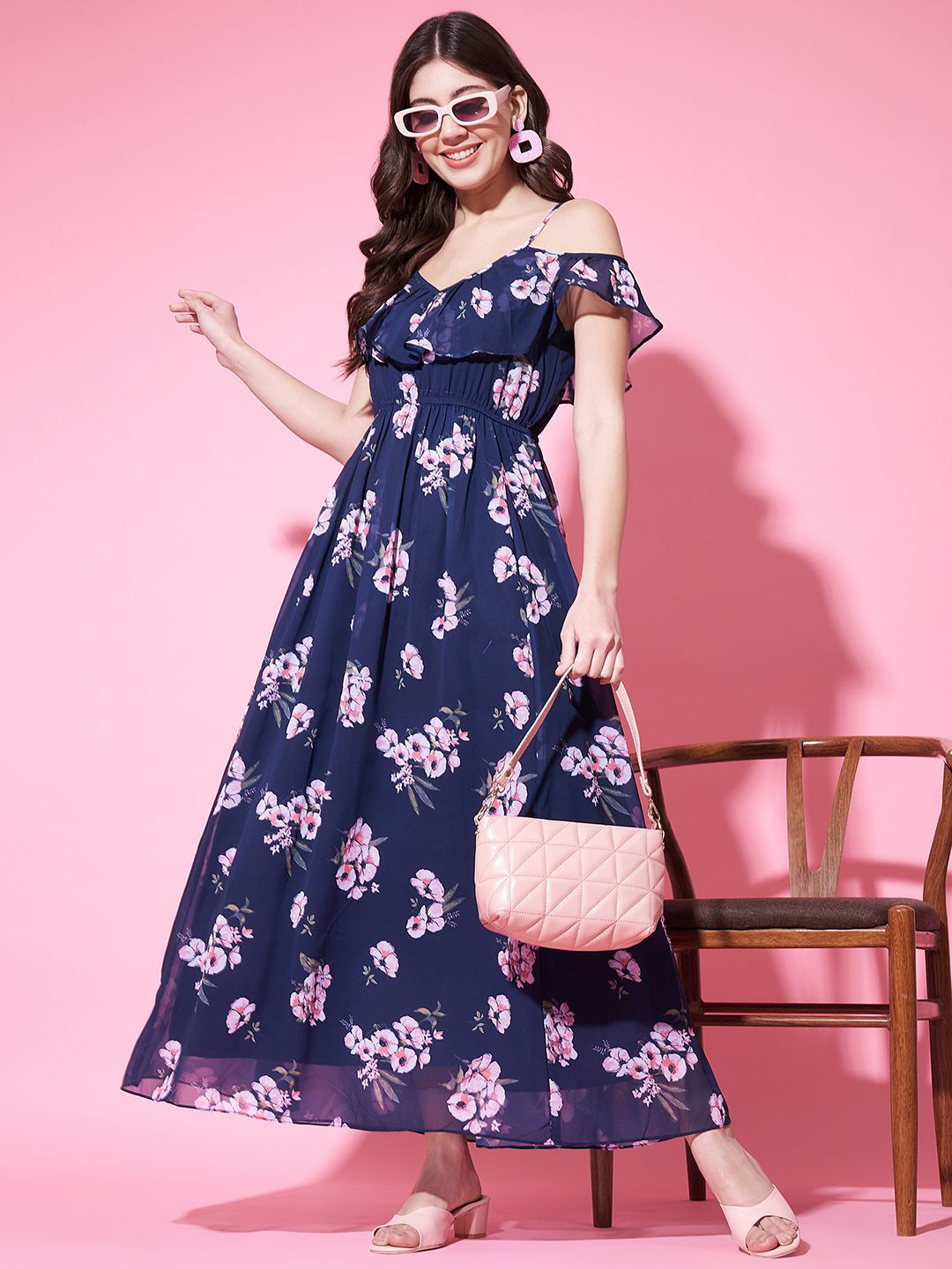 CORSICA Floral Printed Cold-Shoulder Sleeves Ruffles Details Fit and Flare Maxi Dress