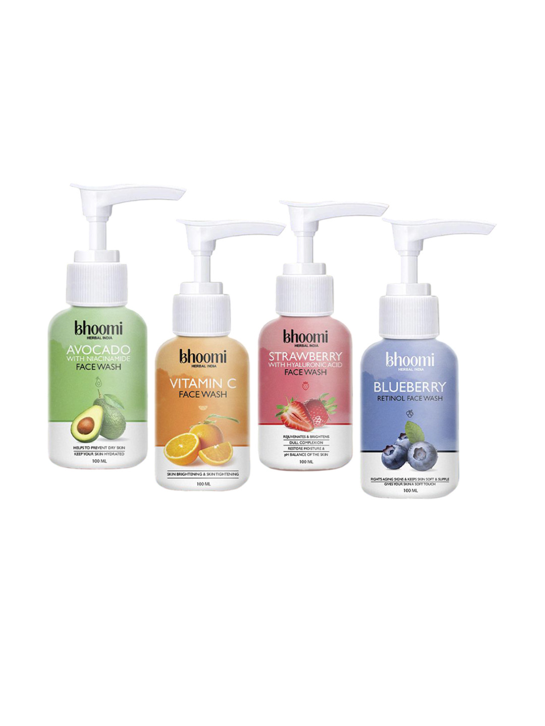 BHOOMI HERBAL INDIA Set Of 4 Blueberry, Avocado & Orange Face Wash - 100 ml Each