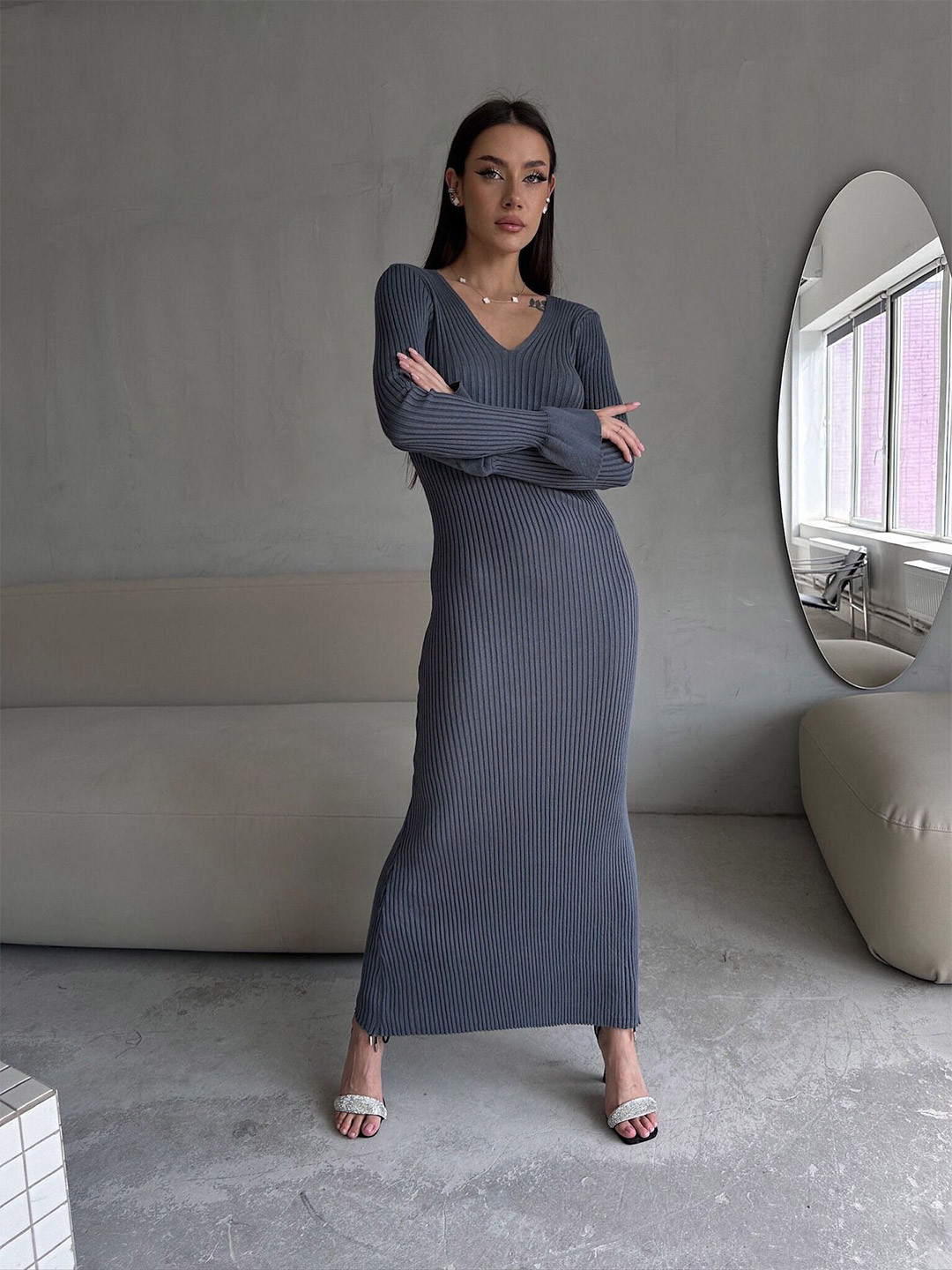 all about you Ribbed V-Neck Bell Sleeves Jumper Maxi Dress