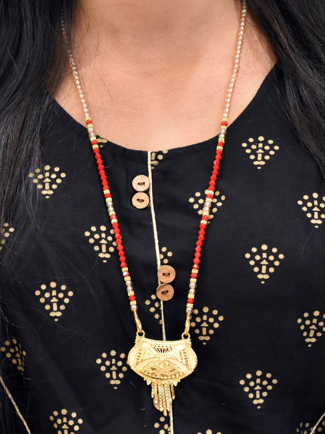 Grace Collections Women Gold-Plated Ethnic Orange Artificial Beads Slip-On Mangalsutra