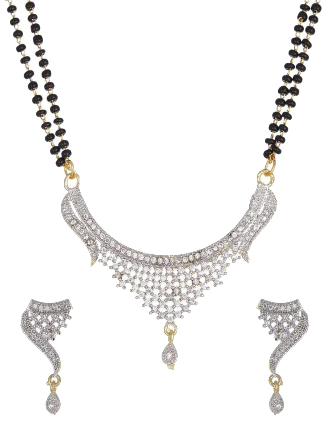 Awww Silver Plated American Diamond Studded & Beaded Mangalsutra With Earrings