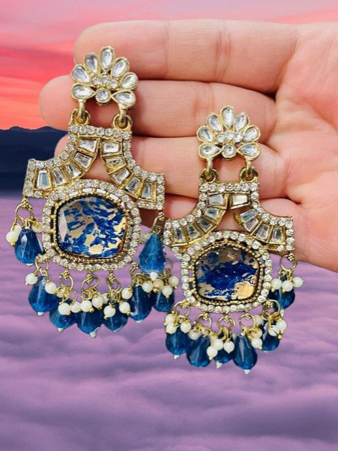OPUS GEMS Artificial Stones Studded And Beaded Square Chandelier Drop Earrings