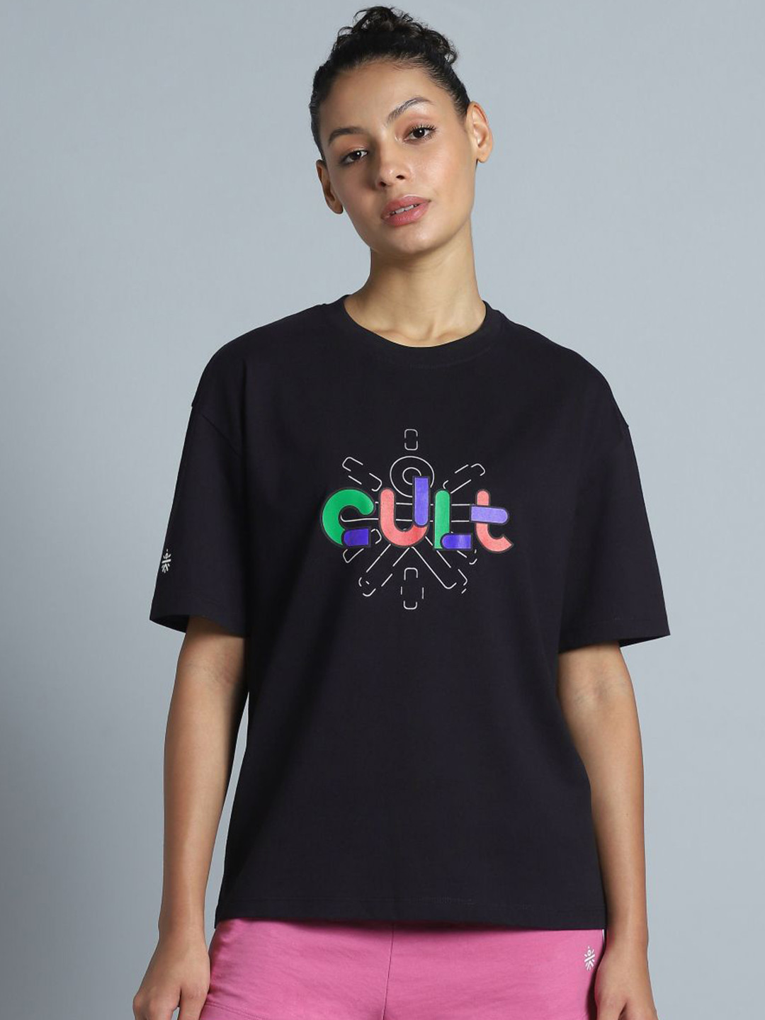 CULT Women Black Brand Carrier Relaxed Fit T-shirt