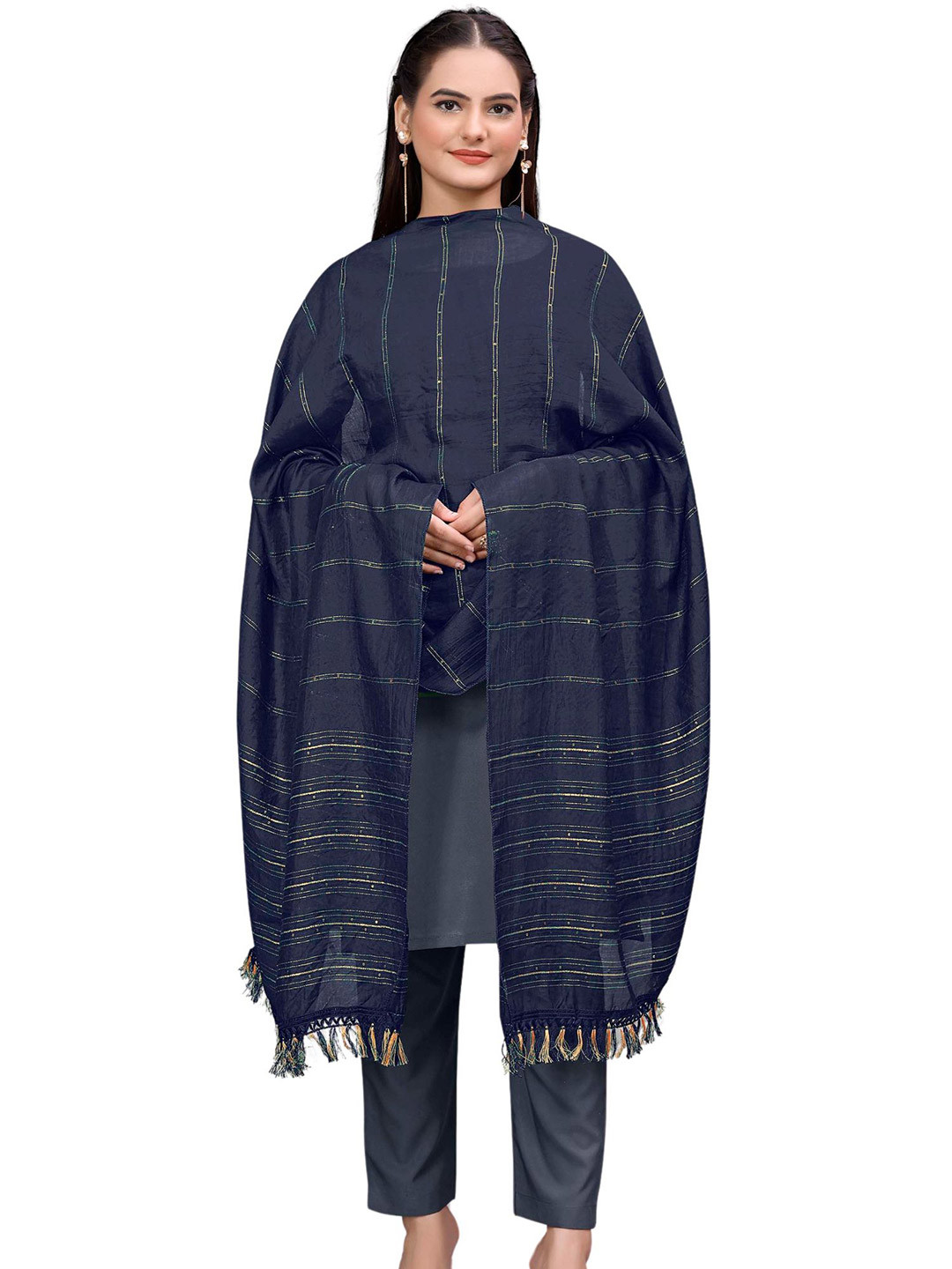 Kemza Striped Chanderi Dupatta With Sequinned