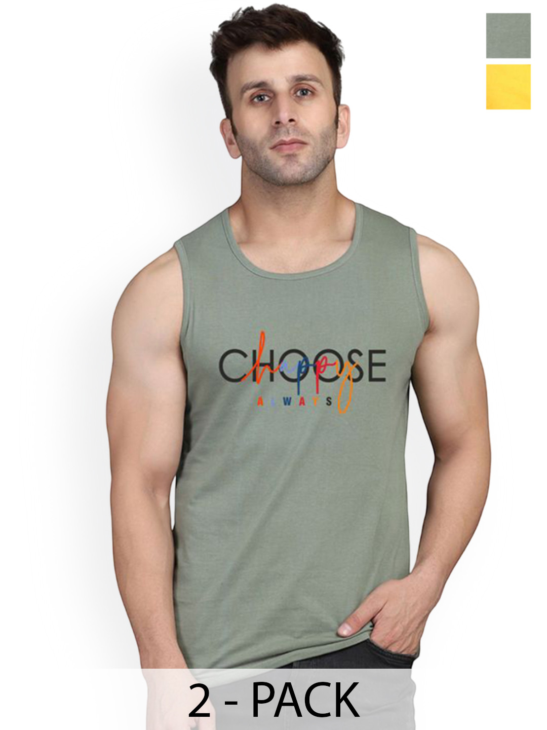SLOWLORIS Pack of 2 Printed Combed Cotton Vest  VSL26 CMB(CHS LGTGREEN)(GYM YELLOW)