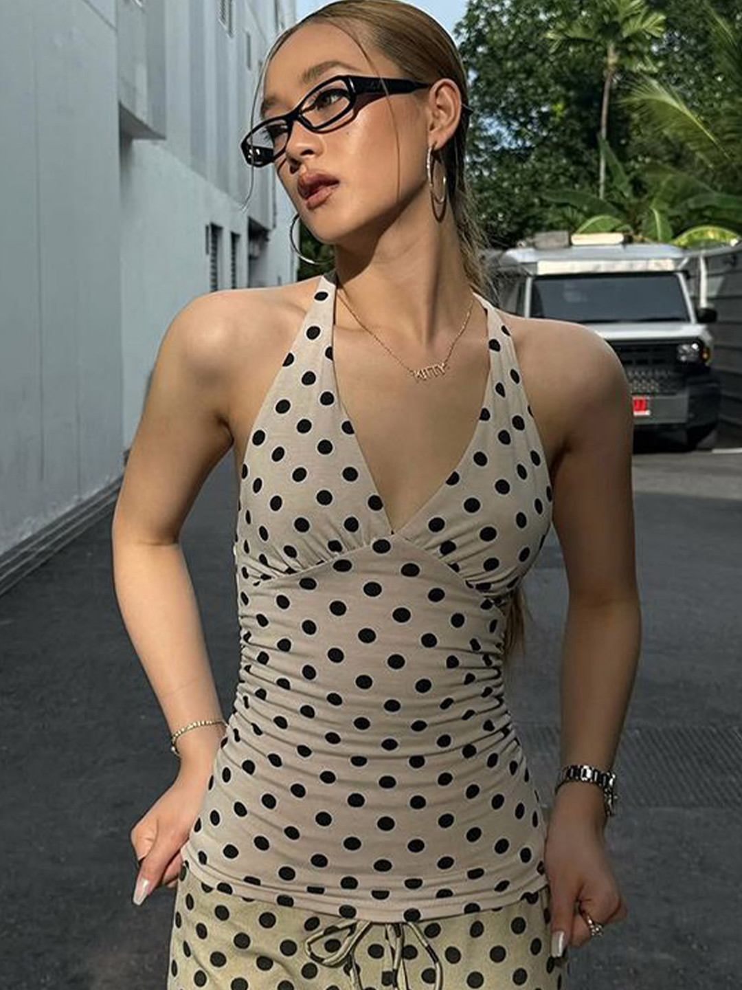 StyleCast x Revolte Women Halter Neck Polka Dot Printed Fitted Top