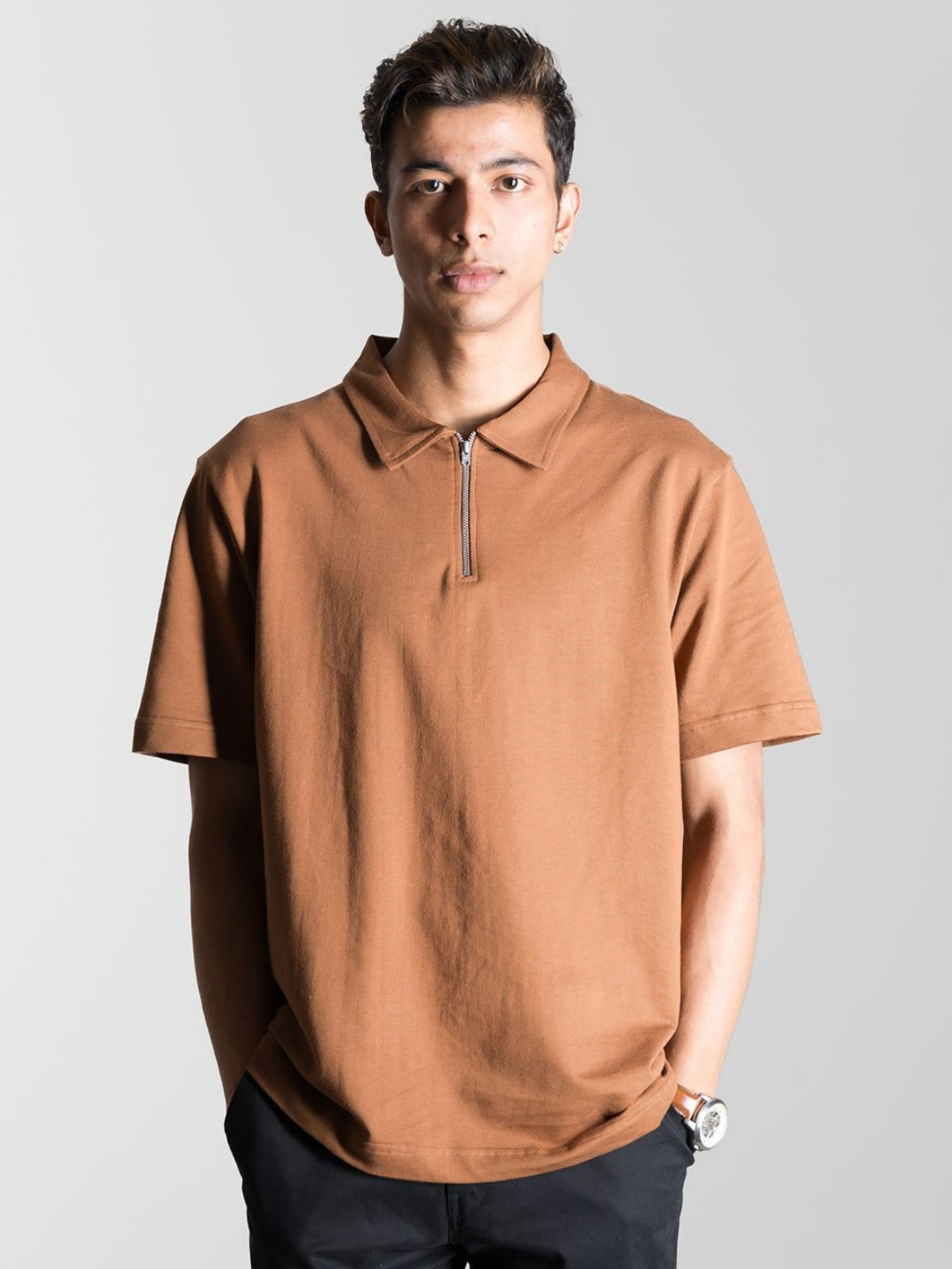 Desi Minimals Men Solid Polo Collar Cotton Relaxed Fit T-shirt