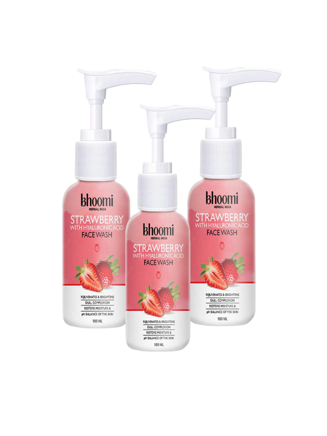 BHOOMI HERBAL INDIA Set Of 3 Strawberry With Hyaluronic Acid Face Wash - 100 ml Each