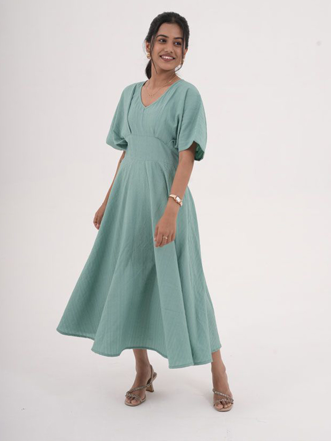 Eilaa V-Neck Flared Sleeves Fit and Flare Midi Dress
