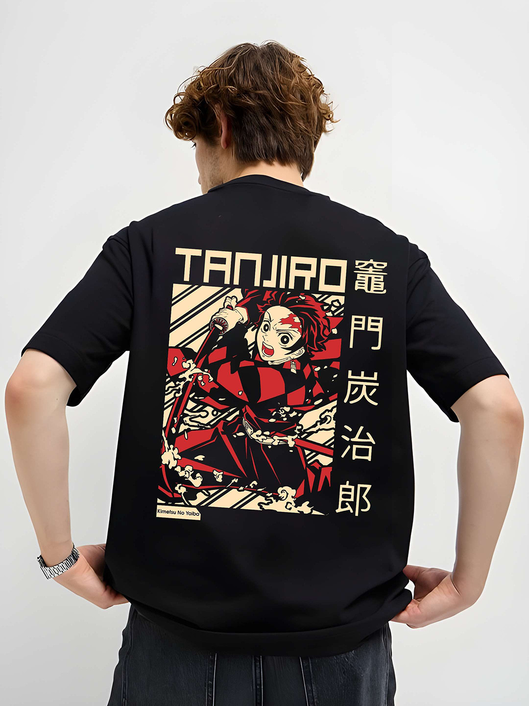 Hatke Trends Men Demon Slayer Graphic Printed Round Neck Cotton Oversized T-shirt