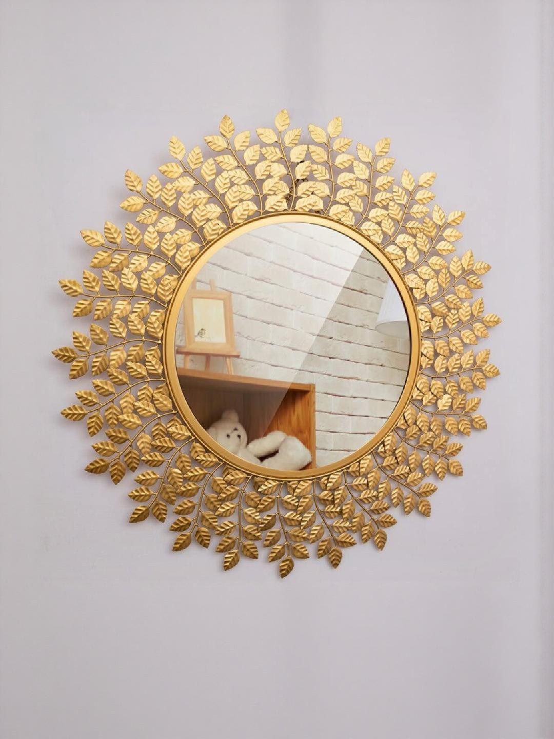 Urban Hamlet Designer Golden Hue Leaf Motif Metal Wall Mirror