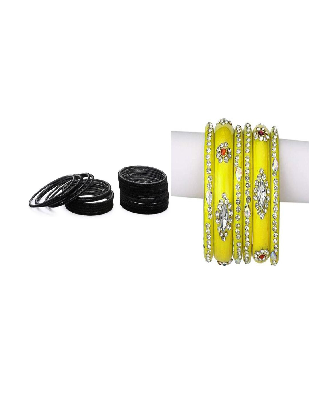 Somil Classic Combo Glass Bangles | Simple Chudi Set For Women & Girls | Daily Use & Special Occasions, Combo Of 2 Set, Black, Yellow