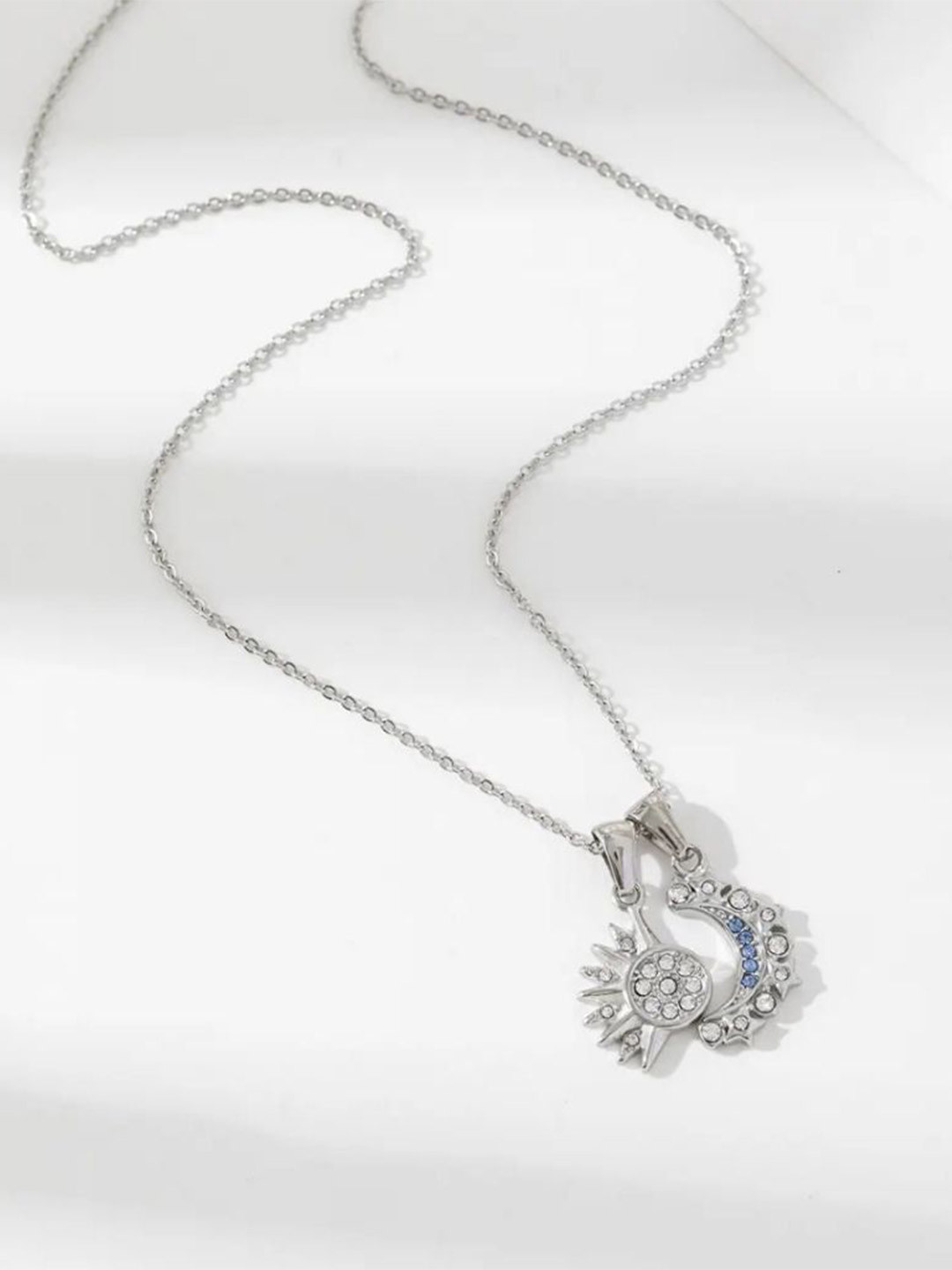Estailo fashion Women Silver-Plated Stones-Studded Sun Moon Shaped Pendant With Chain