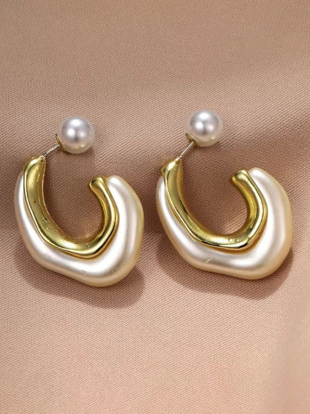 Mystic Collections Korean Gold-Plated Pearls Beaded Contemporary Half Hoop Earrings