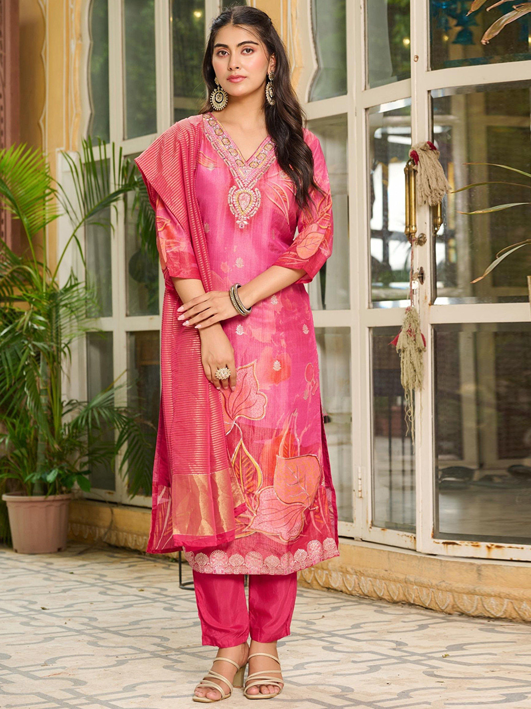 AUTUMN LANE Malti Cranby Women Floral Embroidered  Thread Work Kurta Trousers & Dupatta