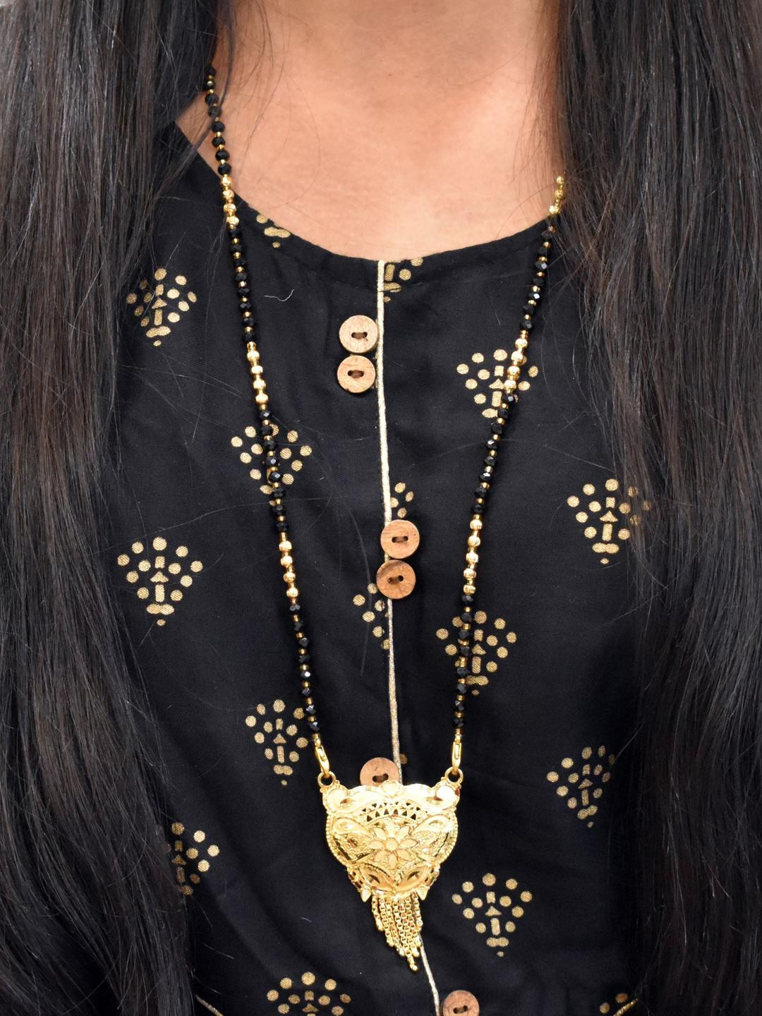 Grace Collections Women Gold-Plated With Black Artificial Beads Mangalsutra