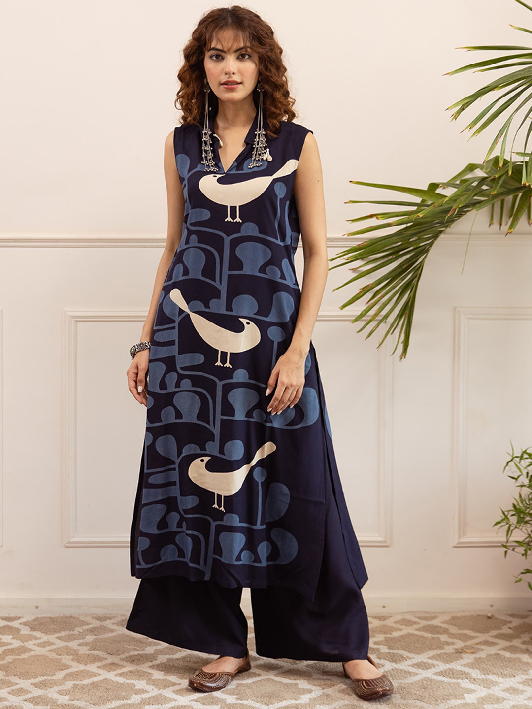 KALINI Women Self Design Abstract Regular Beads and Stones Kurta with Palazzos