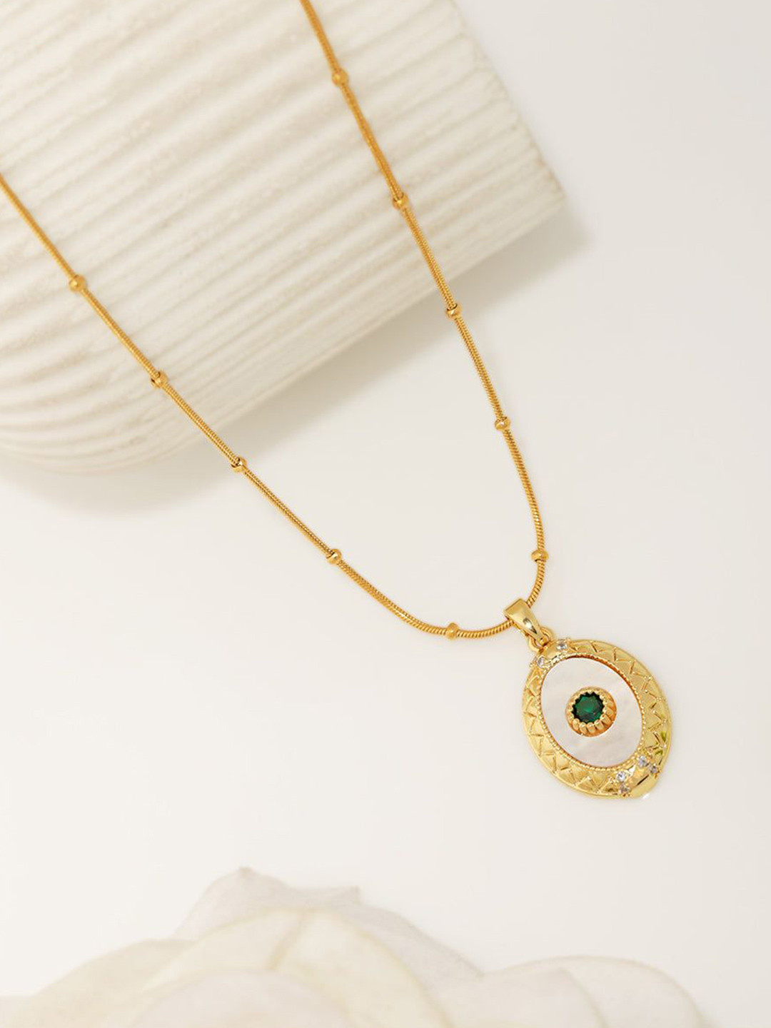 Estailo fashion Women Gold-Plated Cubic Zirconia-Studded Emerald Gaze Pendant With Chain