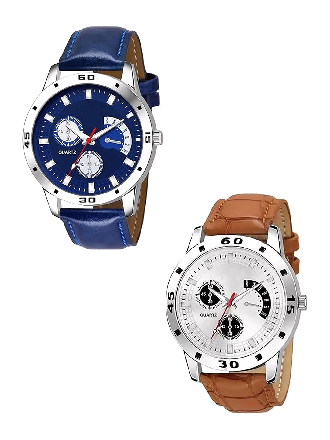 THE SHOPOHOLIC Men Pack Of 2 Embellished  Leather Straps Analogue Watch Avo-Blue-Brown