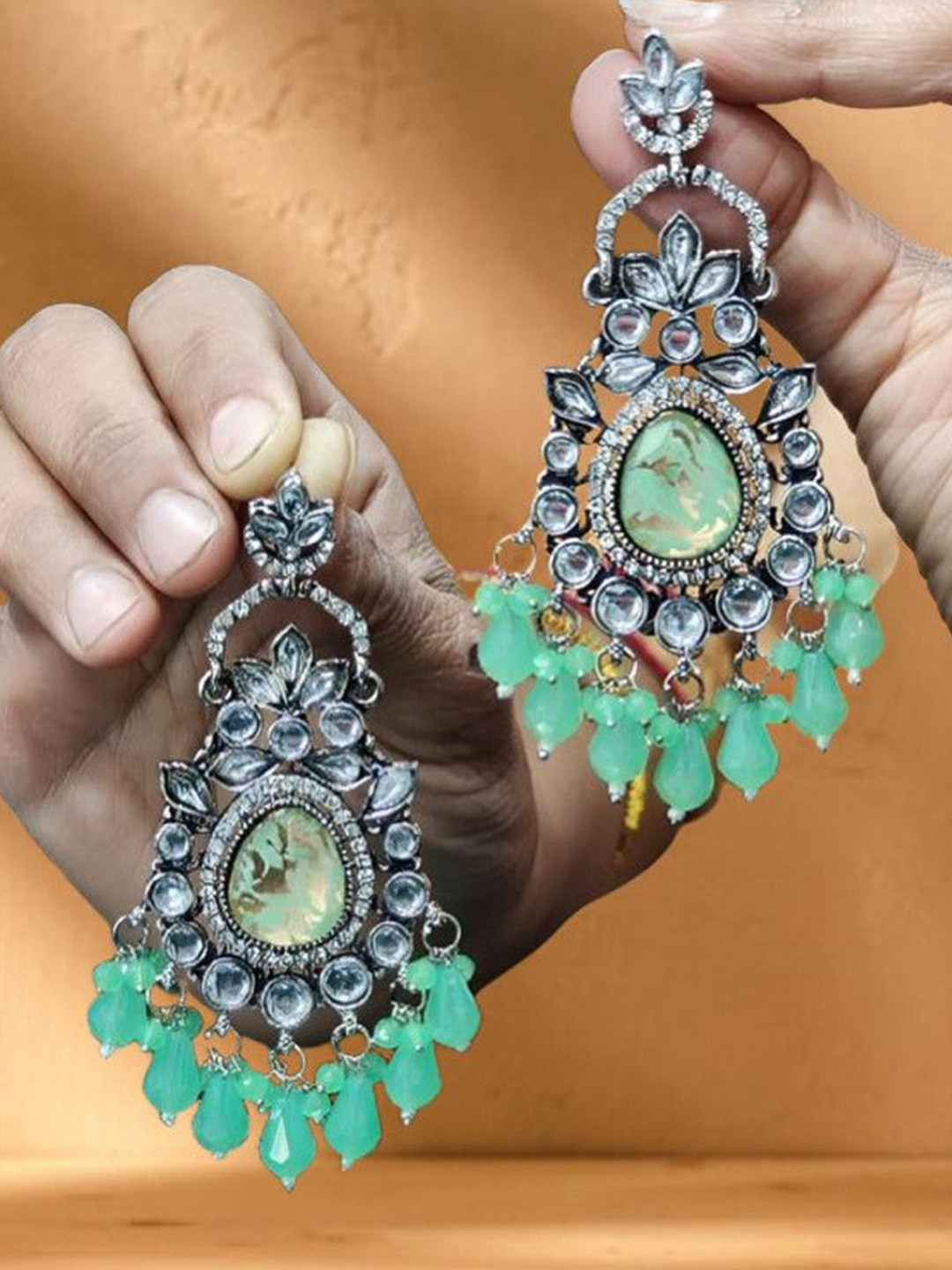 OPUS GEMS Artificial Stones Studded And Beaded Teardrop Shaped Drop Earrings