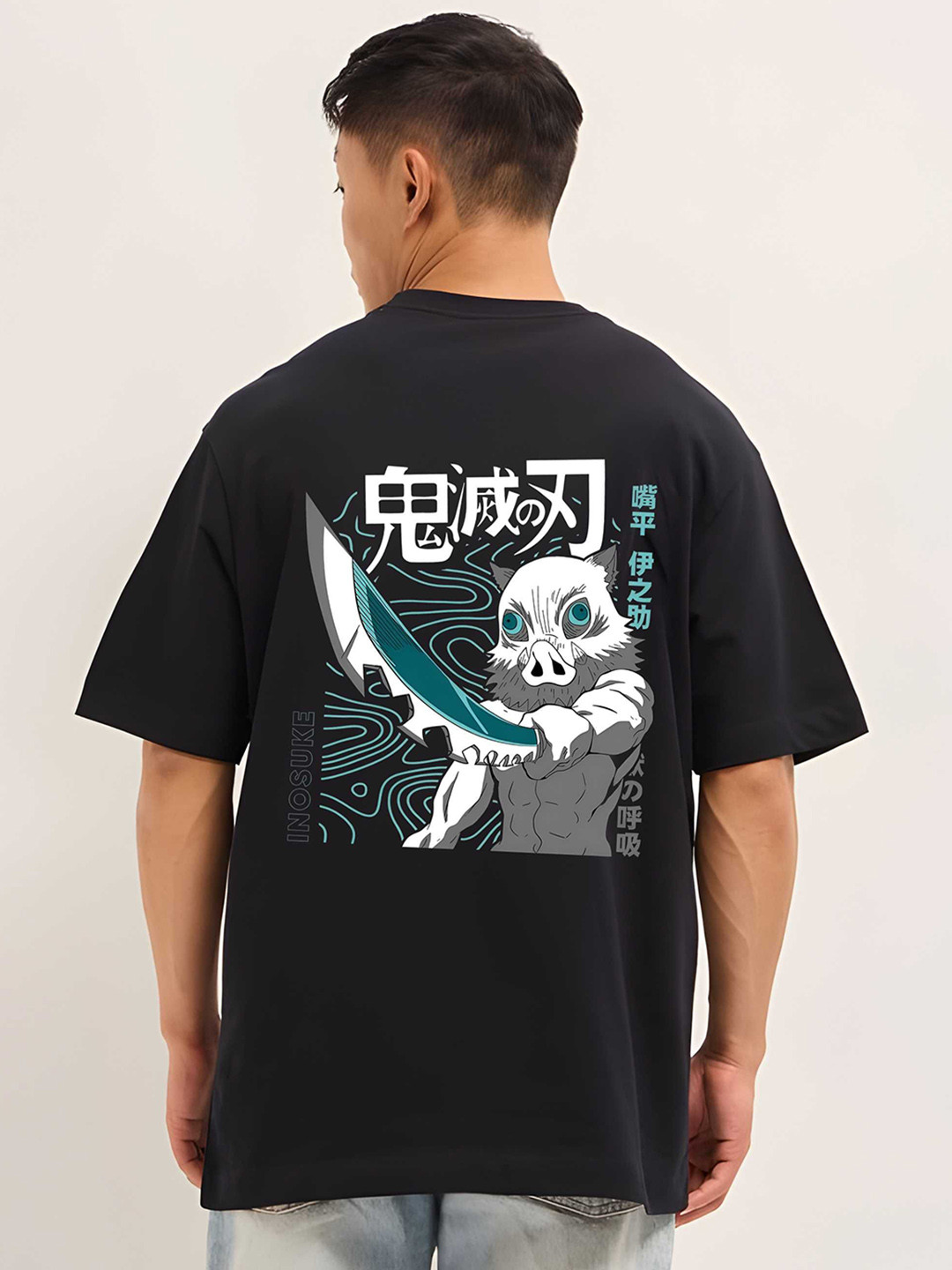 Hatke Trends Men Demon Slayer Graphic Printed Round Neck Cotton Oversized T-shirt