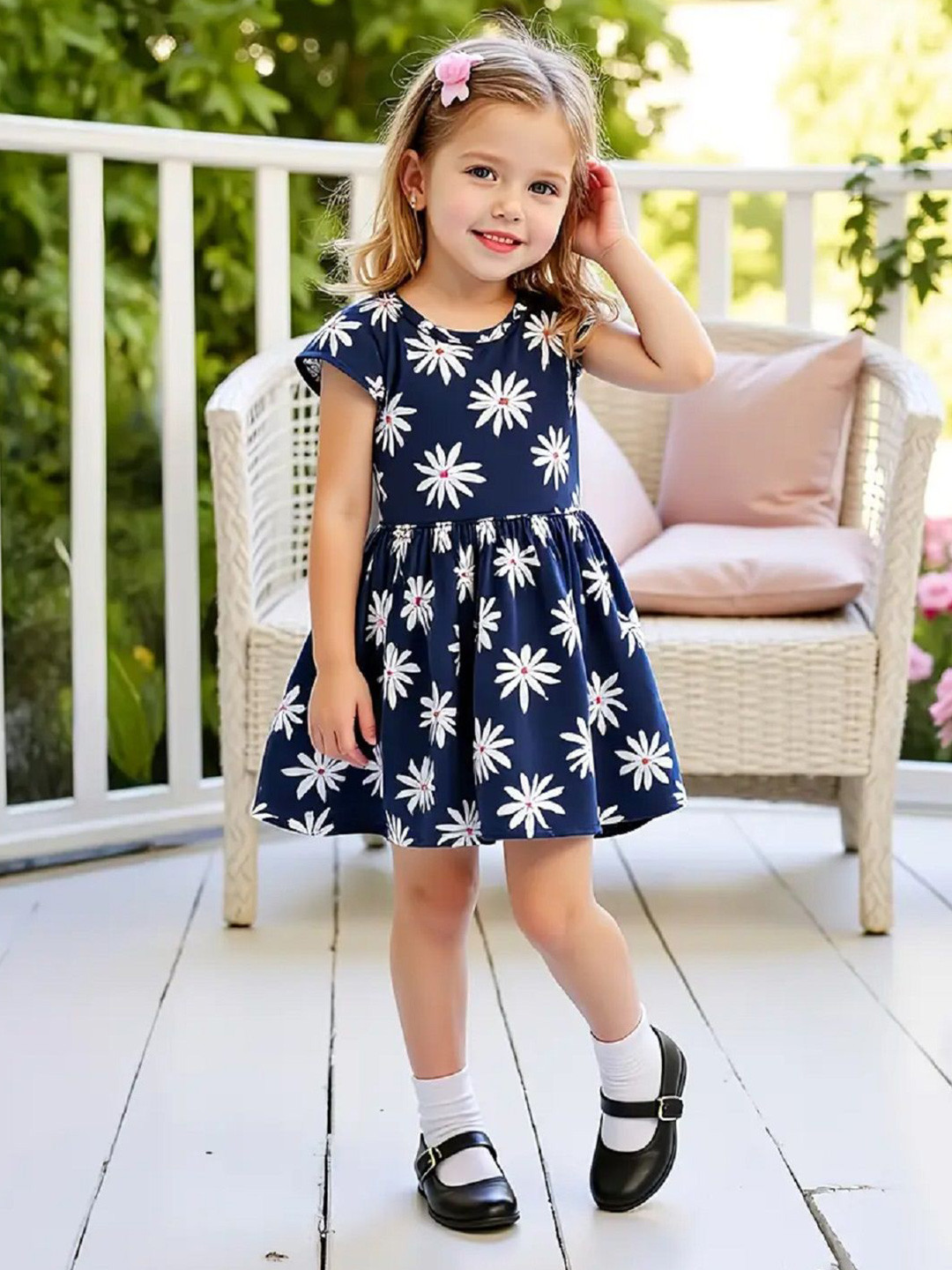 White World Girls Floral Printed Pleated Detail Fit & Flare Dress