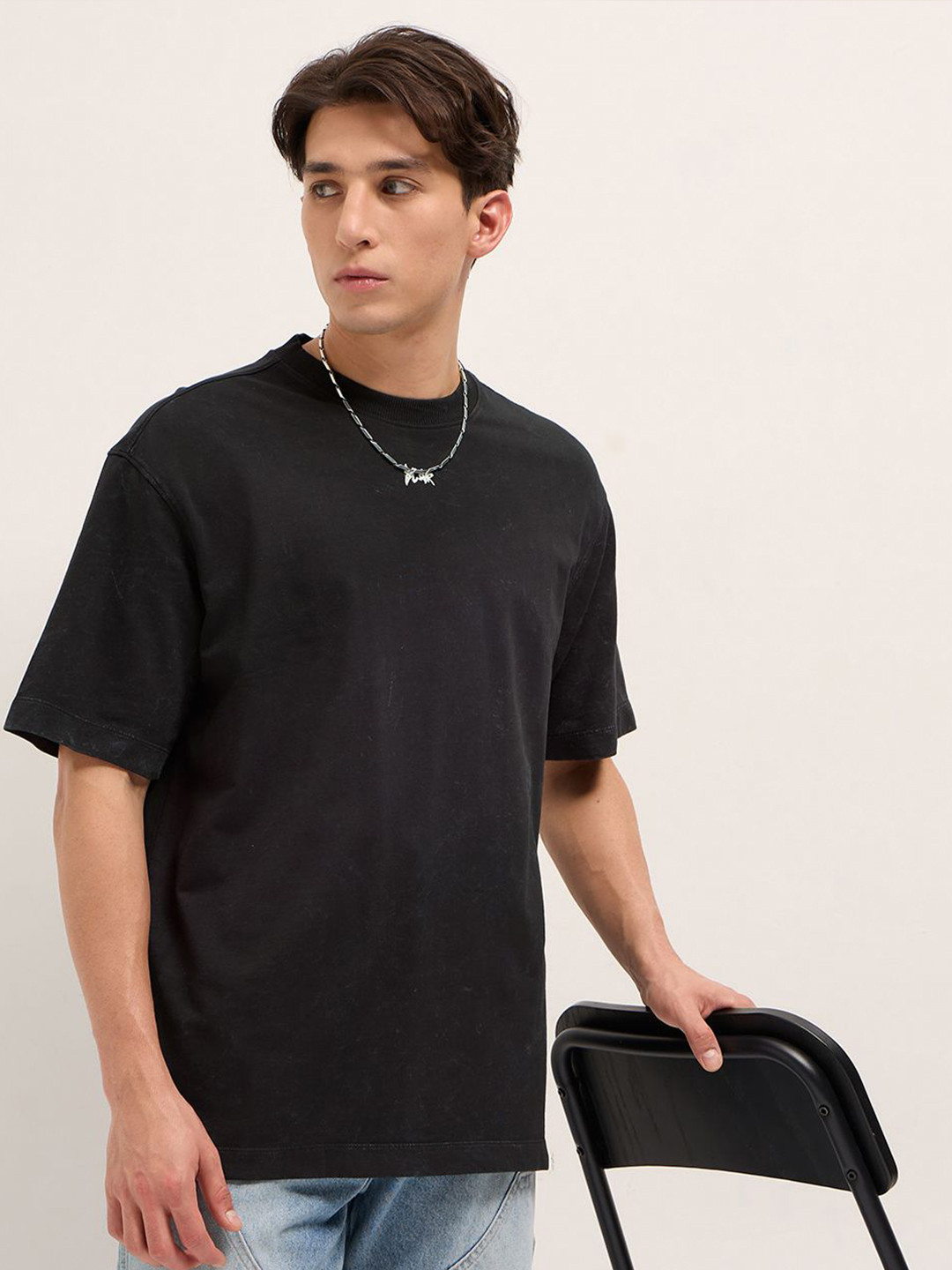 THE BEAR HOUSE Oversized Washed Effect Printed Drop-Shoulder Sleeves Pure Cotton T-Shirt