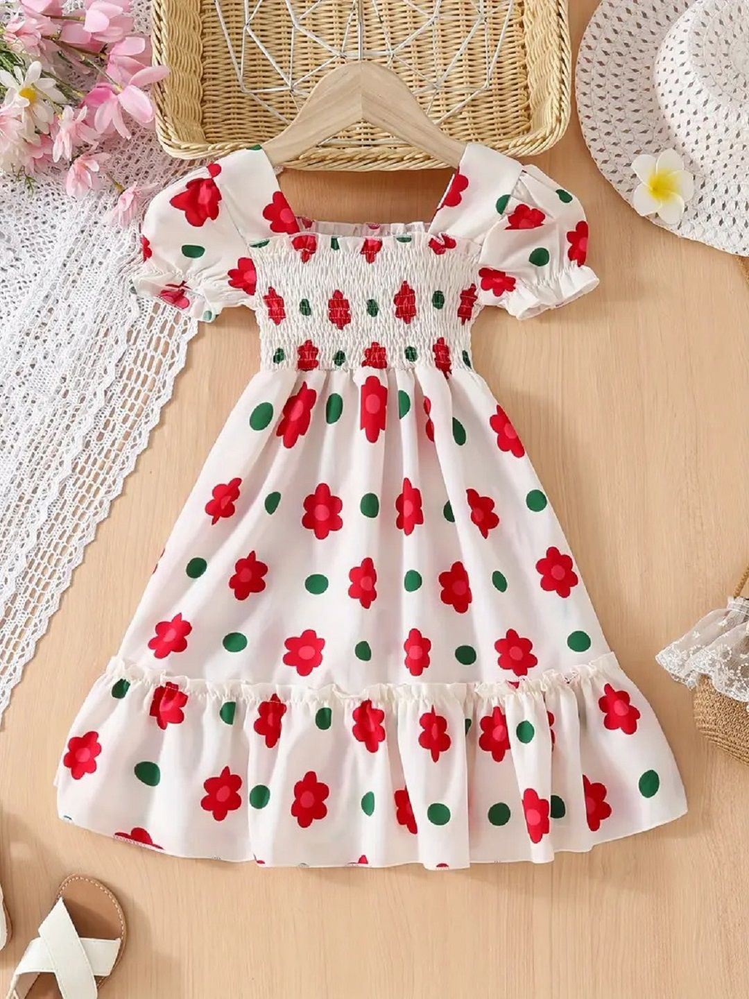 Miss & Chief Girls Floral Printed Puff Sleeve Smocked Detail Fit & Flare Dress
