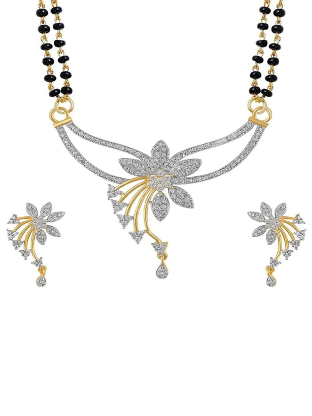 Bsint Silver Plated Artificial Stones Studded & Beaded Mangalsutra With Earrings