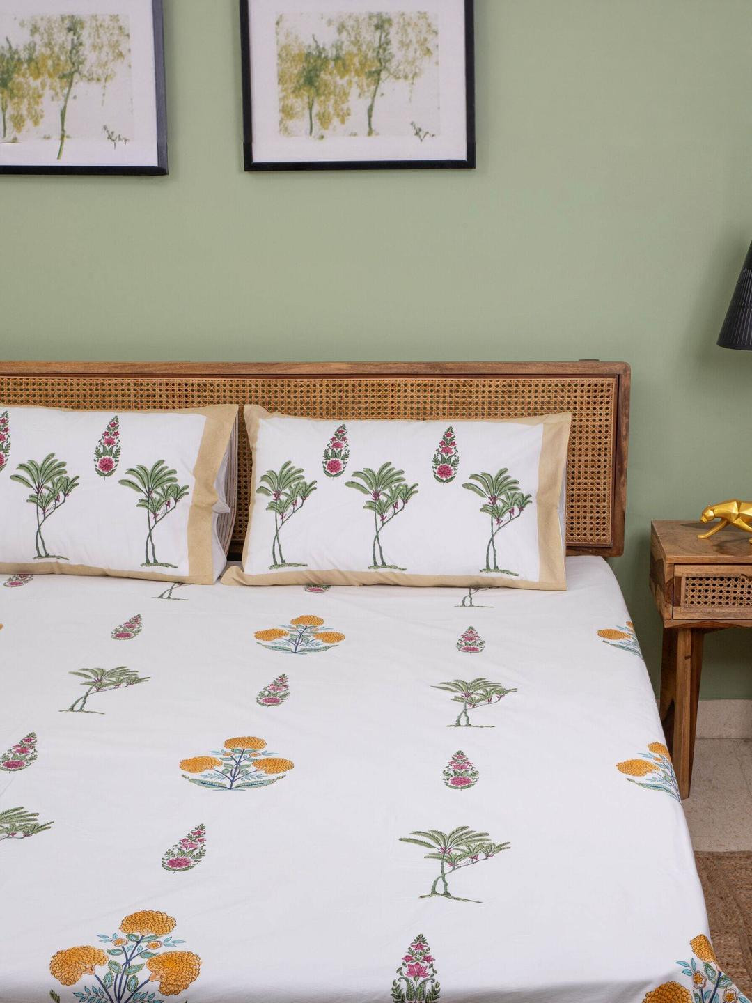 MuddnMe Floral Cotton Handmade Bedsheet with 2 Reversible Pillow Covers