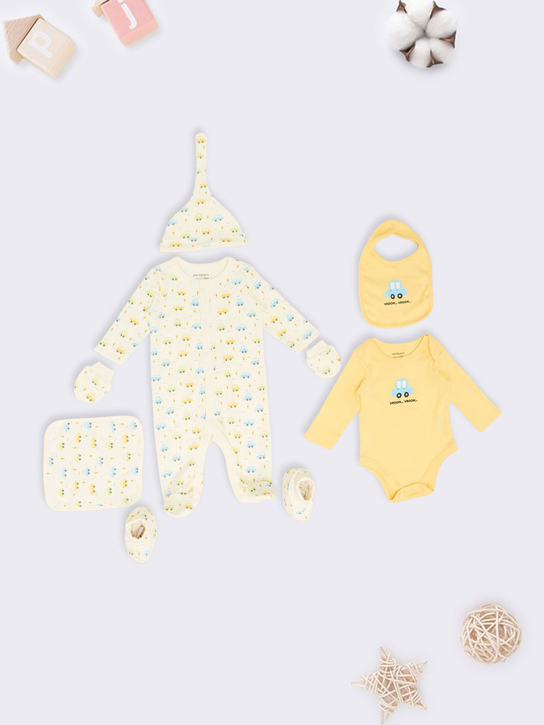 Pantaloons Baby Infants 7-Piece Cars Printed Pure Cotton Baby Apparel Gift Set