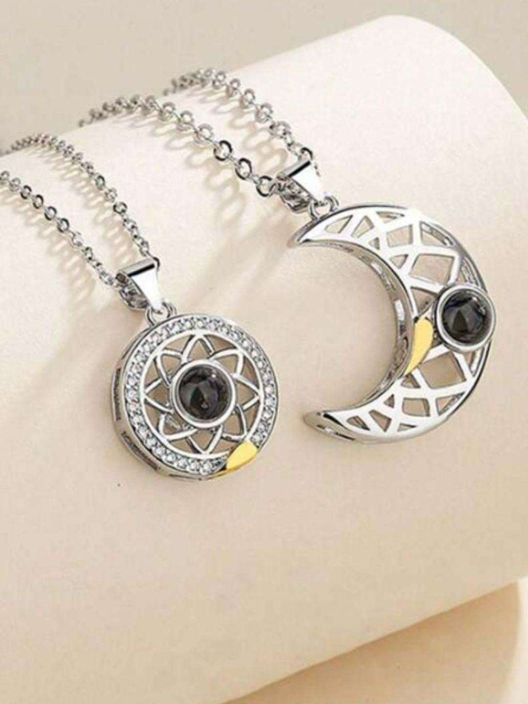 Estailo fashion Unisex Set Of 2 Silver-Plated Stones-Stud Moon & Sun Pendants With Chains