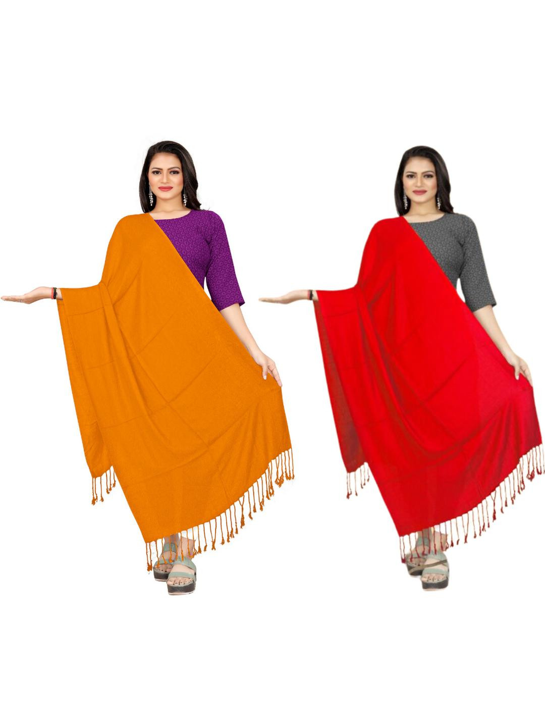 EBADAT Women Pack Of 2 Viscose Rayon Red & Mustard Solid Dupattas
