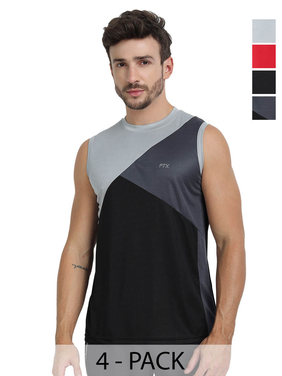FTX Pack Of 4 Colourblocked Round Neck Sleeveless Dri-FIT Regular Fit Gym T-shirts