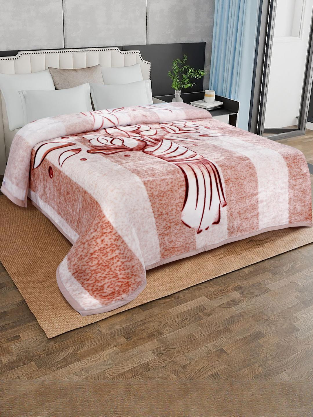 Signature Rust & Peach-Coloured Floral Mink AC Room 500 GSM Double Bed Blanket