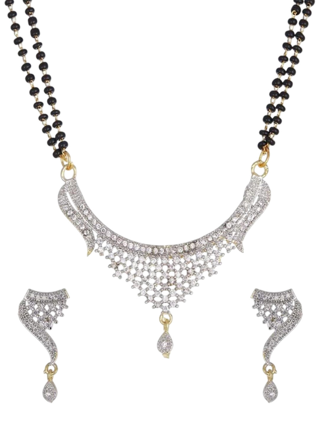 Shine Sales Silver-Plated American Diamond Studded & Beaded Mangalsutra