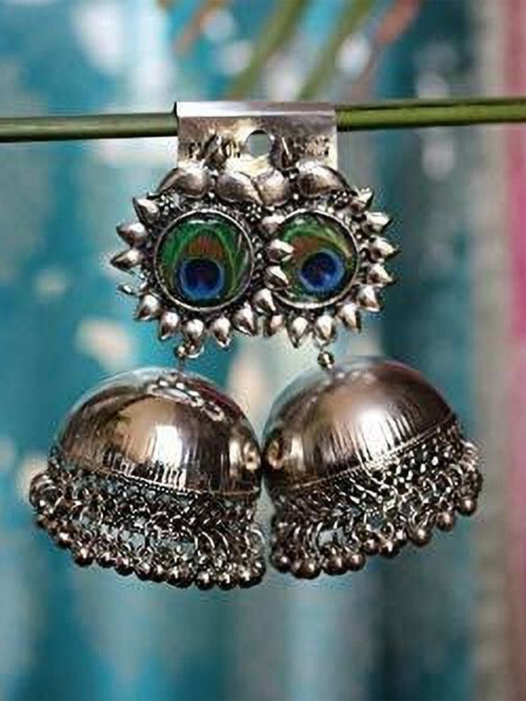 OPUS GEMS Ghungroo Beaded Morpankh Oxidised Dome Shaped Jhumkas