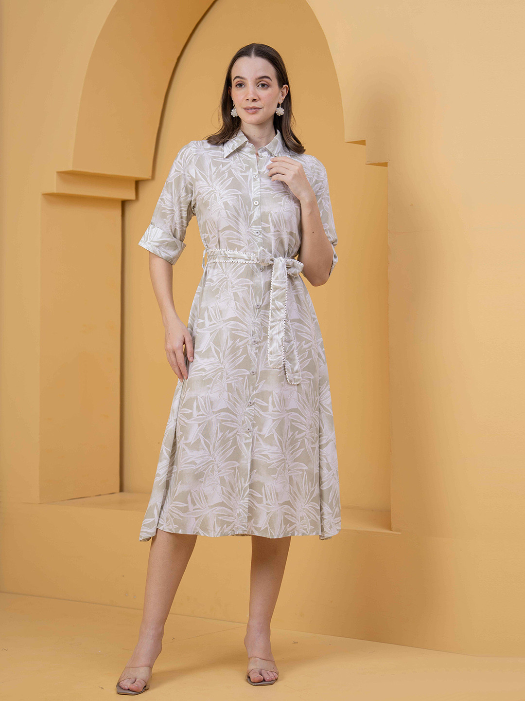 KALINI Fit & Flare Leaf Printed Midi Dress