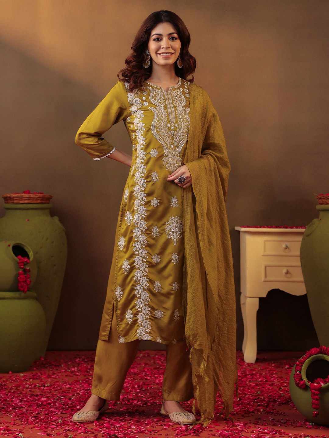 SCAKHI Women Olive Chanderi Silk Chikankari Embroidered Straight Suit Set